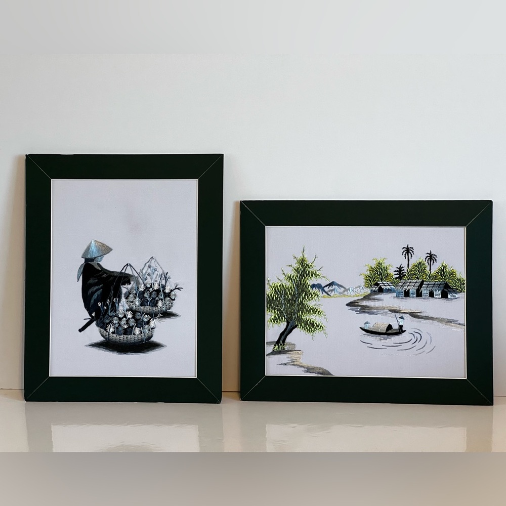 Vietnamese Hand Embroidered Silk Art Framed Still Life Landscape 9.5” X 7” - Picture 1 of 15